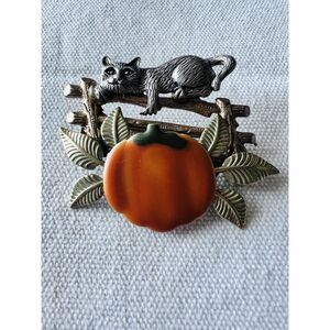 3-D cat On a fence Fall leaves and a Pumpkin Vintage Brooch Mixed metals